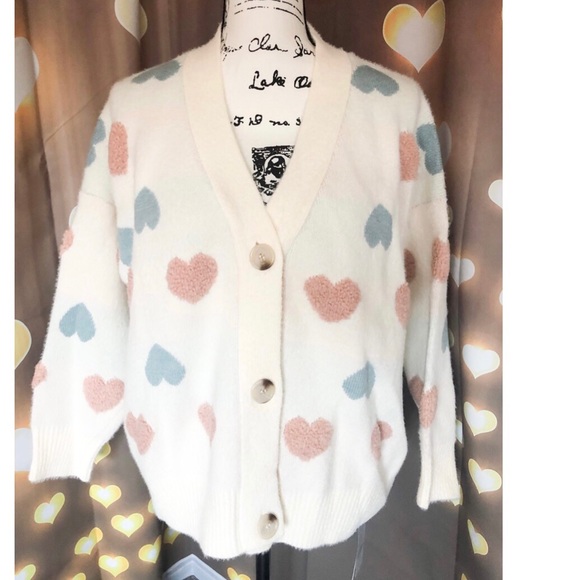 Sweater cardigan heart sweater cute button down fuzzy v-neck chunky - Picture 2 of 13
